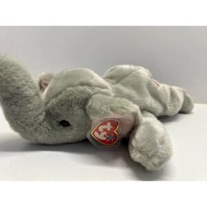 VNTG Elephant Plush Beanie Buddies Righty Ty Flag Buddy Tags Grey Soft NWT